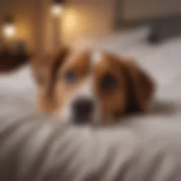 A dog lying on a bed looking uncomfortable