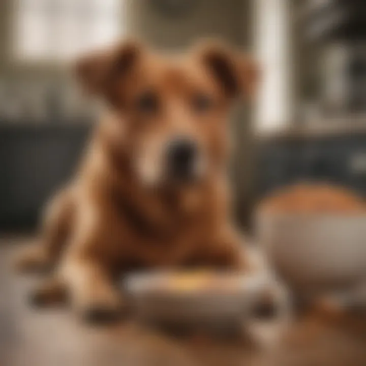 A dog sitting beside a bowl of food, illustrating dietary management.