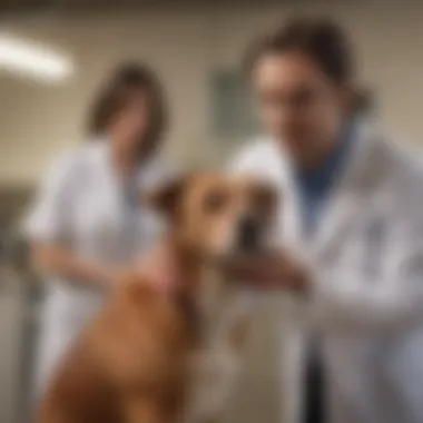 A veterinarian examining a dog with a concerned expression.