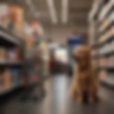 A pet owner happily shopping with a pet in a store while using coupons