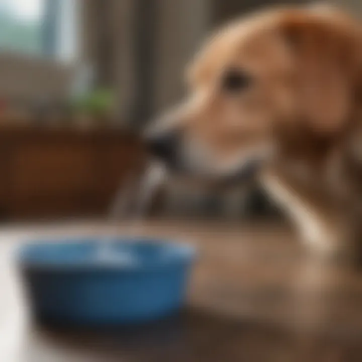 A bowl of water next to a dog, emphasizing hydration importance