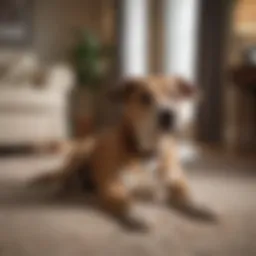 A distressed dog showing signs of discomfort in a living room setting.