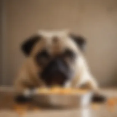 Close-up of pug's food bowl with uneaten food