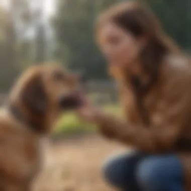 A concerned dog owner checking their pet for choking signs