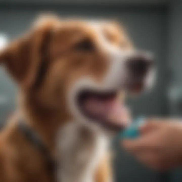 A happy dog receiving a dental cleaning at a veterinary clinic