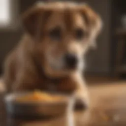 A dog with a concerned expression, sitting near its food bowl.