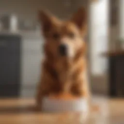 A dog with a concerned expression, sitting near a bowl of food