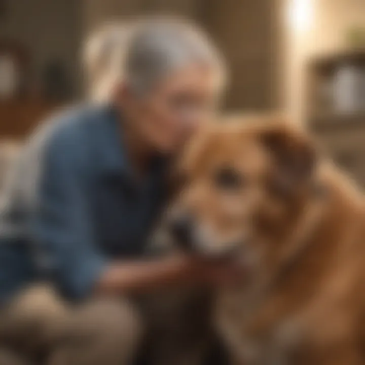 A pet owner gently comforting their senior dog