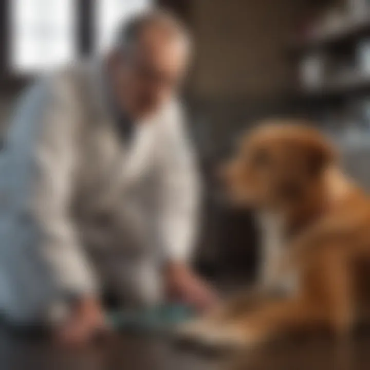 A veterinarian examining a senior dog with care