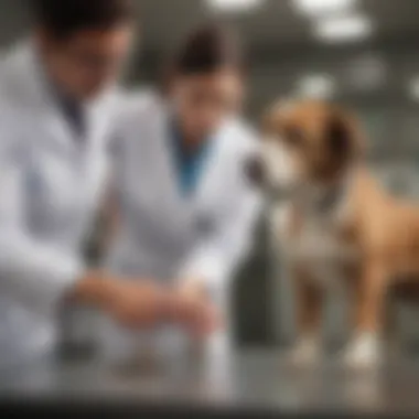 A veterinarian examining a dog in a clinical setting