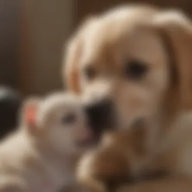 Owner comforting a teething puppy