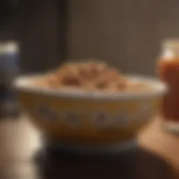 Close-up of a pet's food bowl with various food options