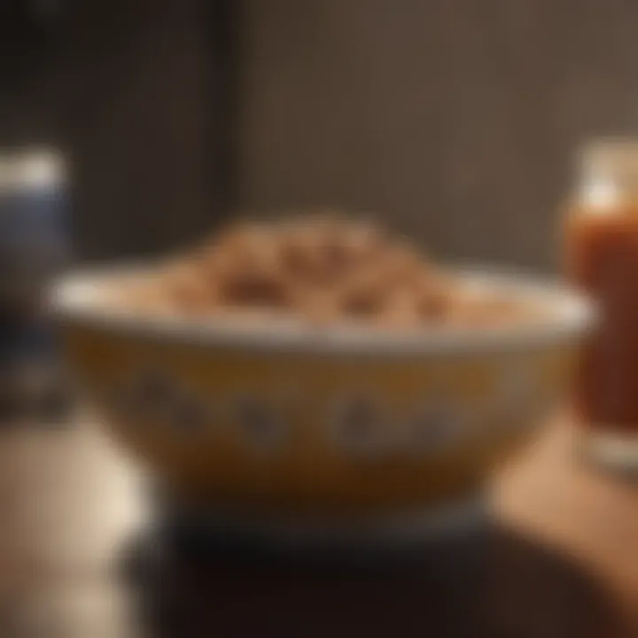 Close-up of a pet's food bowl with various food options