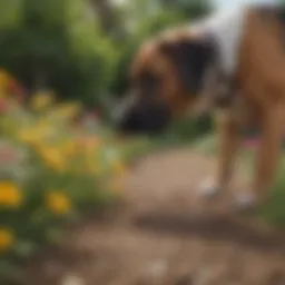 A curious dog sniffing a colorful flower garden