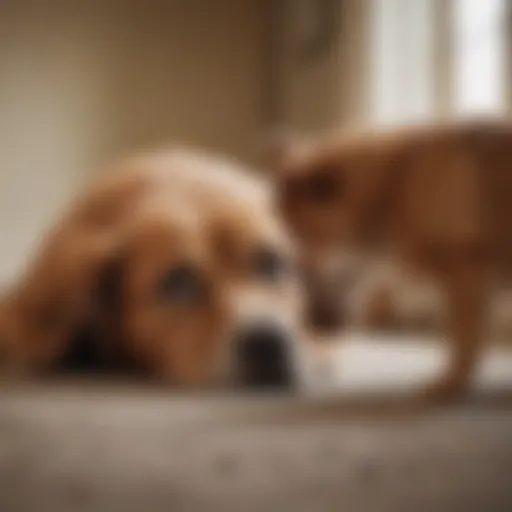 A concerned pet owner observing their dog for signs of discomfort.