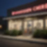 An exterior view of an urgent care facility at night with a welcoming sign.