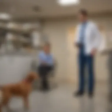 A pet owner consulting with a veterinarian in an urgent care center.