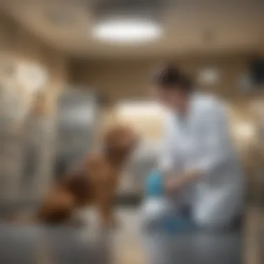 A veterinarian examining a dog in a well-equipped urgent care room.