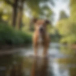 A dog experiencing watery diarrhea in a park setting