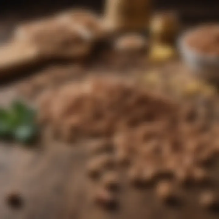 Close-up view of high-quality dog food ingredients on a wooden surface.