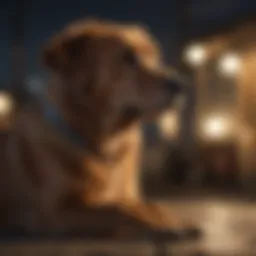 A dog looking uncomfortable at night