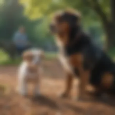 A dog in a park environment with a concerned owner