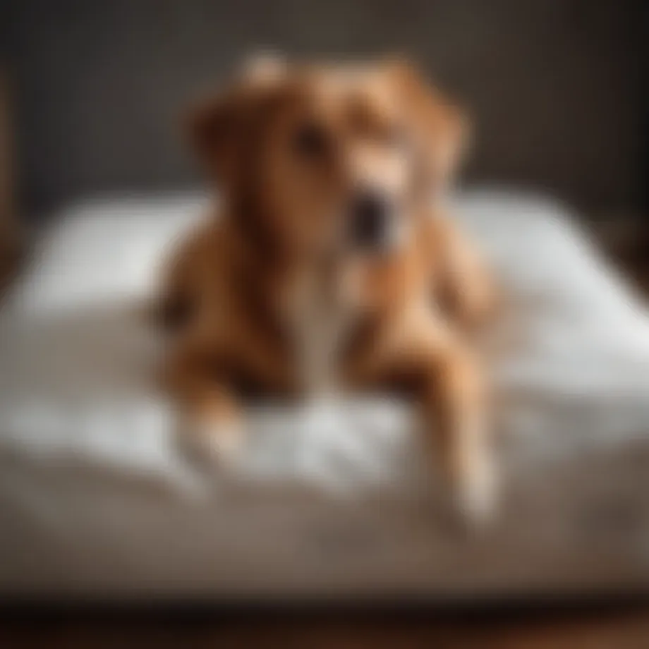 A concerned dog resting on a pet bed, showing signs of discomfort