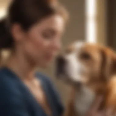 A pet owner gently comforting their dog, highlighting emotional support