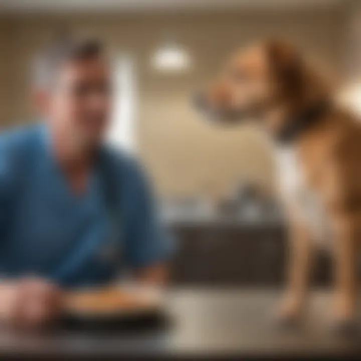 A veterinary clinic with a dog and a vet discussing health concerns