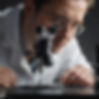 A veterinarian examining test results with a microscope