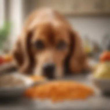 A close-up view of a dog sniffing at a fresh food preparation on a countertop.