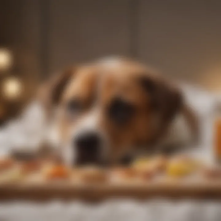 A dog lying comfortably on a soft bed, showing signs of relaxation post-meal.