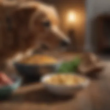 A dog resting with a bowl of bland food beside it