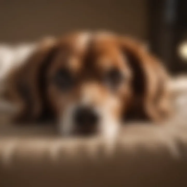 A dog lying on a comfortable bed, showing signs of distress due to diarrhea.