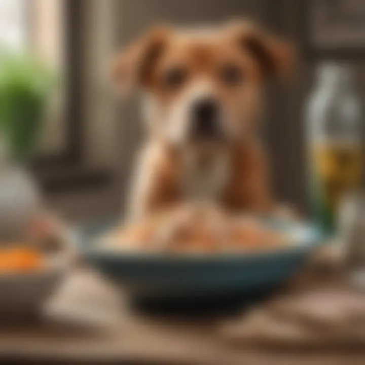 A bowl filled with rice and boiled chicken, a soothing meal for dogs