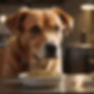 A dog looking curiously at a bowl of bland diet