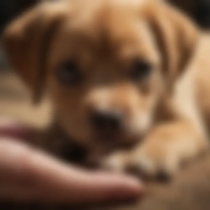 Pet owner gently examining a puppy's belly for signs of distress