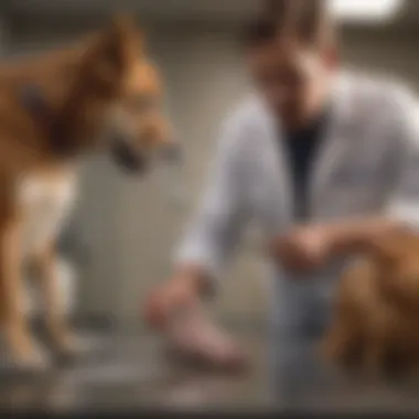 A vet examining a dog showing signs of gastrointestinal distress.