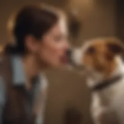 A concerned dog owner checking their pet's throat