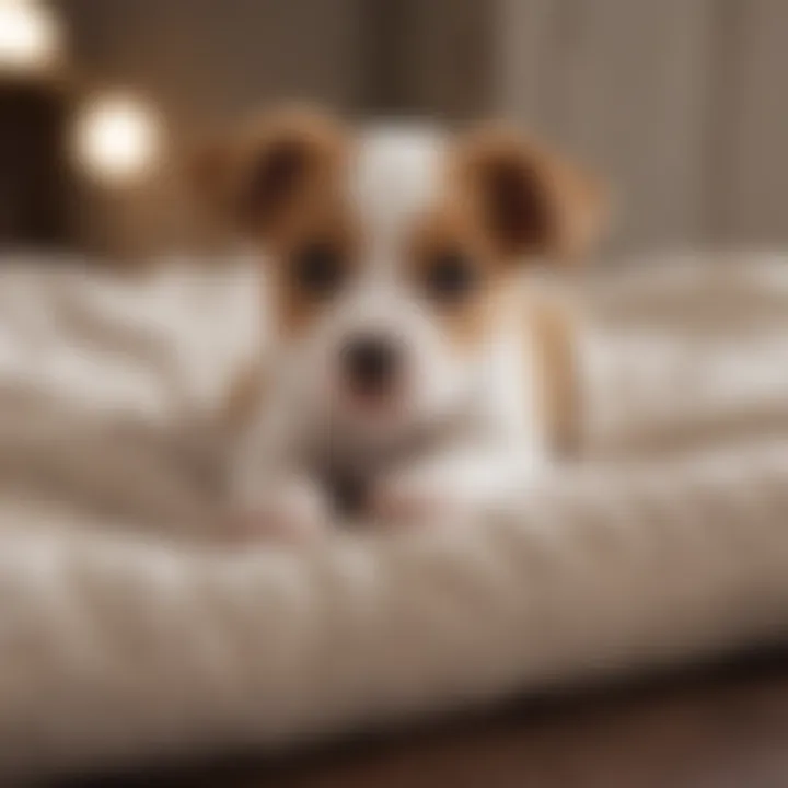 A concerned puppy lying on a soft blanket, showing signs of discomfort.