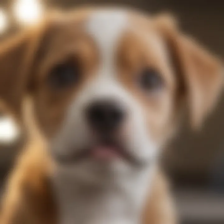 A close-up of a puppy's face, looking playful and healthy after recovering.