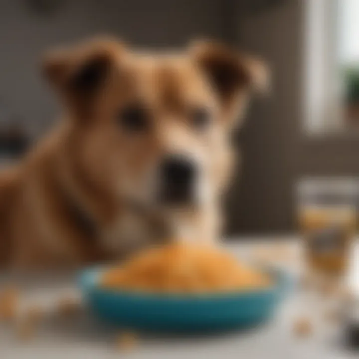 A dog looking concerned with a bowl of bland food nearby