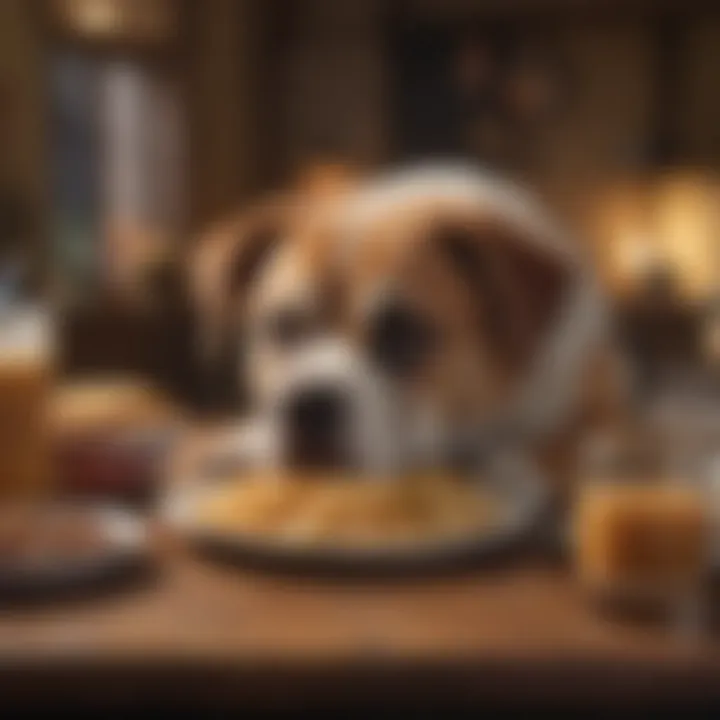 A dog eating a bland diet in a cozy setting