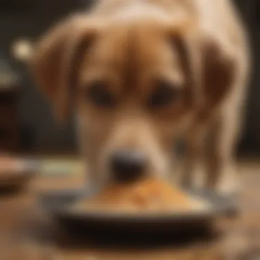 A dog eating a bland diet of rice and chicken