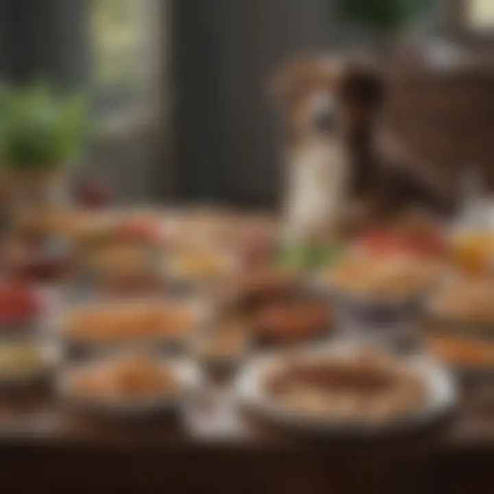 A selection of dog-friendly, easily digestible foods displayed on a table, showcasing dietary options