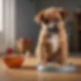 A concerned puppy sitting by its food bowl, looking unwell