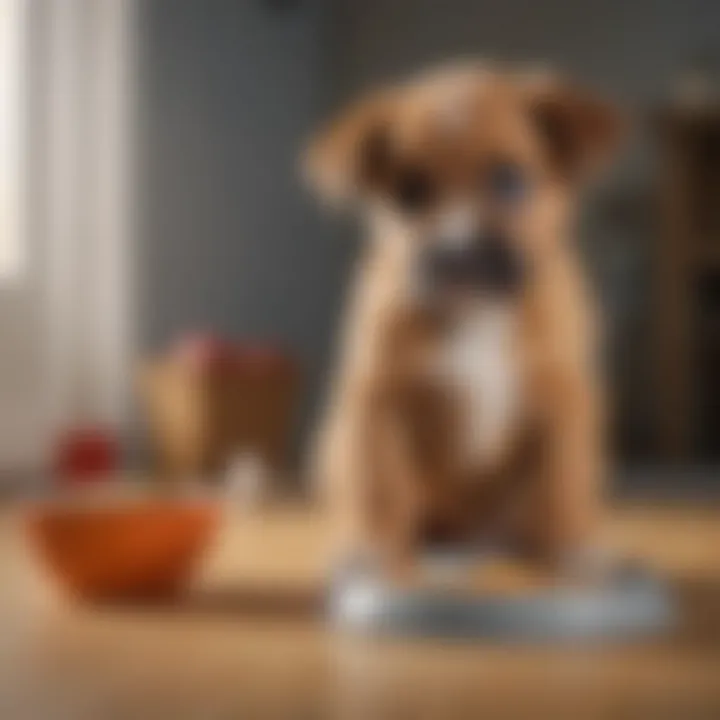 A concerned puppy sitting by its food bowl, looking unwell