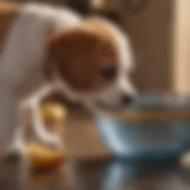 A clear water bowl beside a puppy, promoting hydration