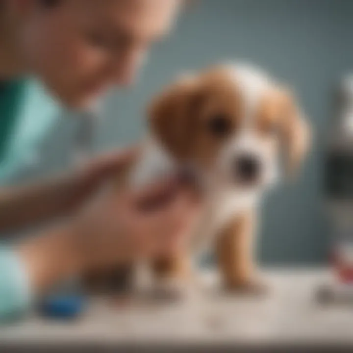 A puppy being gently examined by a veterinarian