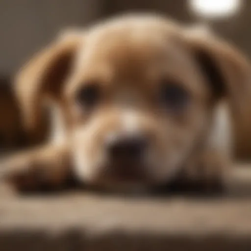 A worried puppy looking up at its owner